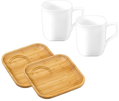 Wilmax - Assiette en bambou 2 pièces 17,5 cm et tasse blanche en porcelaine 470 ml 2 pièces - Set de service - Set de vaisselle - Set - Tasses à thé et à café - Idéal comme cadeau
