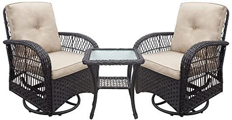 ATR 3 Pieces Garden Swivel Rocking Bistro Sets,Rattan Outdoor Furniture Sets with 2 Swivel Wicker Rocking Chairs and Coffee Table,All-Weather PE Rattan Patio Conversation Furniture,Khaki