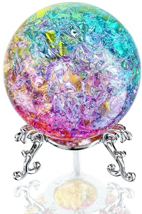 H&D HYALINE & DORA 60mm Colorful Crystal Ball Paperweight with Cracked, Crystal Glass Ice Cracked Ball with Stand Accessories Rockery Ornament