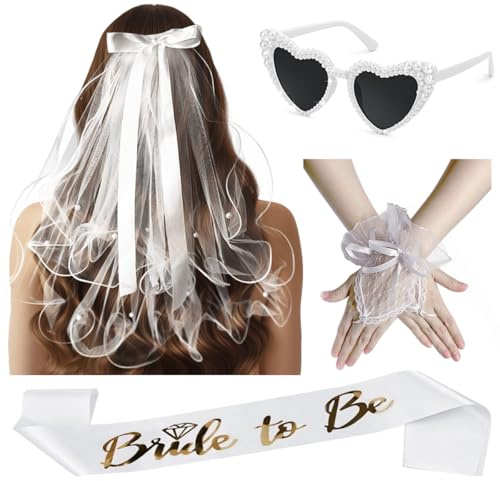 CAwished 4Pcs Evjf Accessoire Femme Voile de Mariée, Bride to Be Sash, Lunette Coeur avec Perles, Gants de mariée, Bride to Be Accessoires, pour Mariages Fiançailles Enterrement de Vie de Jeune Fille