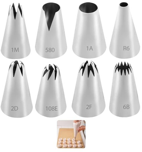 Beccuccio per Zeppole 8Pcs Grandi Beccucci Sac a Poche Professionali Riutilizzabili in Acciaio Inox per Pasticceria Beccuccio Sacca a Poche Stella Punte per Cottura Fai da Te Torta Alla Crema Cupcake