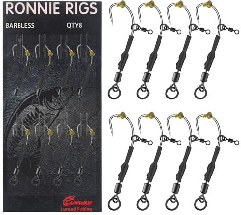 Luroad 8er Set Ronnie Rigs mit Wirbel – Gebogene Haken mit Widerhaken, Teflonbeschichtet für Karpfenangeln mit Haar-Rigs