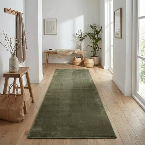 Jimri Flauschiger Teppich Läufer - Hochwertige Kurzflor Teppich für Zuhause, Büro, Küche, Eingang, Flur, Wohnzimmer - Maschinenwaschbar - Rutschfester Teppich Waschbar - 80 x 250 cm - Grün