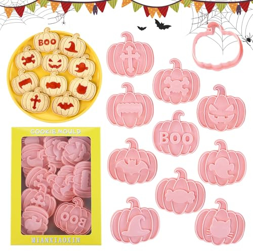 CHIHOLEN 10 Stück Halloween Ausstechformen Ausstecher, 3D Kürbis Keksausstecher, Kunststoff Kürbis Pressbare Ausstechform für Halloween-Partyzubehör, Dekorationen(D)