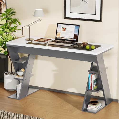 Ball & Cast Schreibtische (120 * 50 cm) mit X-förmiger Halterung, Einfacher Computertisch mit Sechs Lagerregal, Einfach & Zeitsparend Montierbar, Weiß + Grau