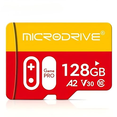 Tarjeta MicroSDXC 128GB A2 V30 Game Pro - Memoria Gaming Alta Velocidad 100MB/s - Compatible con Switch OLED/Lite, Steam Deck, Android y GoPro - Resistente y Diseño Rojo/Amarillo