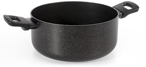 H&H-Quantum, Casseruola in Alluminio Antiaderente, Diametro 24 cm, Compatibile con Induzione, Gas e Piastra Elettrica, Manici in Bakelite, Colore Nero con Spruzzatura Oro