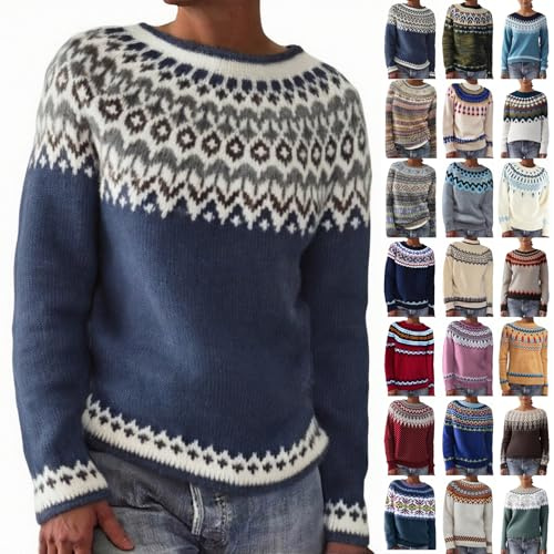 Generisch Norweger Pullover Damen, Pullover Damen Winter, Winterpullover Warm Strick Damenpullover Langarm Norwegermuster Herbst Strickpullover Elegant Norwegerpulli