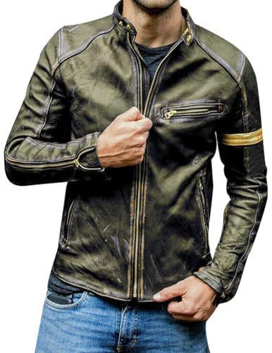 VEMOW Giacca di Pelle Biker Vintage Cafe Racer - Design distrutta retrò, Giacca Moto Uomo, Ideale per Casual e all'aperto(Green, L)
