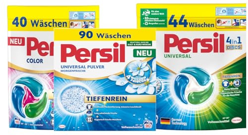 PERSIL Universal Pulver Morgenfrische 90 WL 4,95 kg + 4in1 Discs Universal 44 WL 748 g + 4in1 Discs Color 40 WL 748 g – Waschmittel Probierpaket für weiße & bunte Wäsche