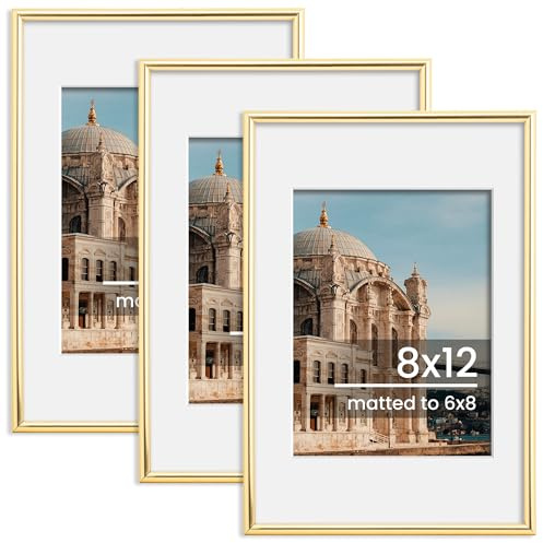 FLYJOE 20cmx30cm Bilderrahmen, Anzeigebilder 6x8 mit Matte oder 8x12 Ohne Matte, Wand und Tischplatte Anzeige Bilderrahmen, Gold, 3 Packung