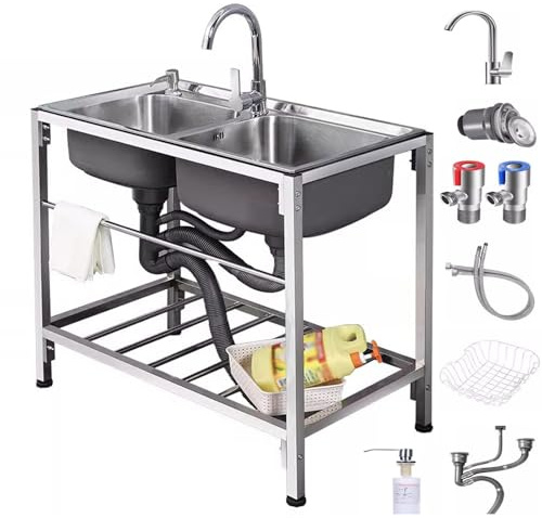 Edelstahl Spültisch 2 Becken Freistehende Waschspüle Edelstahl Für Den Außenbereich Mobile Utility Spüle Küchenspüle Mit Wasserhahn Kalt Warmwasserrohre Ausgussbecken Gewerbliche(80x45x75cm)