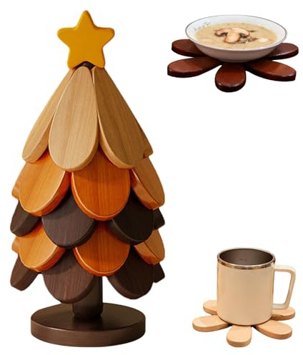 Sottopentole Albero Di Natale In Legno | 5 Pezzi Sottobicchieri In Legno Pieghevoli,Sottobicchieri Per Bevande Con Supporto - Per Cibi Caldi Pentole Padelle Ciotole Teiere Cucina Natale