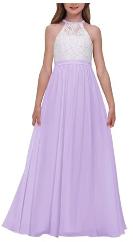 BessDress Chiffon Lace Appliques Flower Girl Dress for Wedding Plus Size Halter Pleated Teens Bridesmaid Dresses Lilac 12