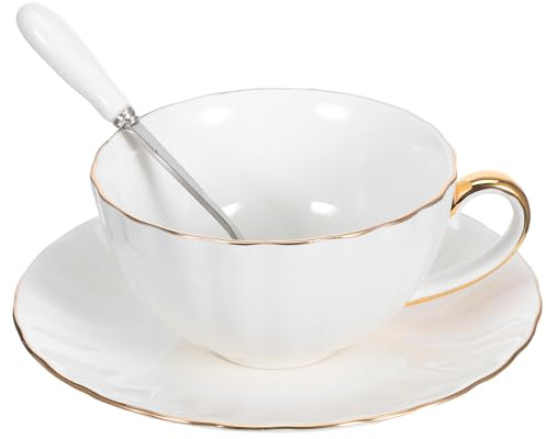 HOMSFOU Service à Café en Porcelaine Osseuse Blanche Bord Doré, Tasse 220 Ml et Soucoupe, Ensemble Vintage pour Café et Thé, Maison, Bureau et Salon de Thé