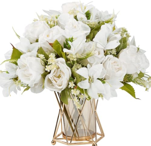 Artifolia 4 Bunches White Artificial Flowers, Silk Roses Artificial Lily Fake Flowers Bouquet for Wedding Bouquet Table Centerpiece Home Decor (White)