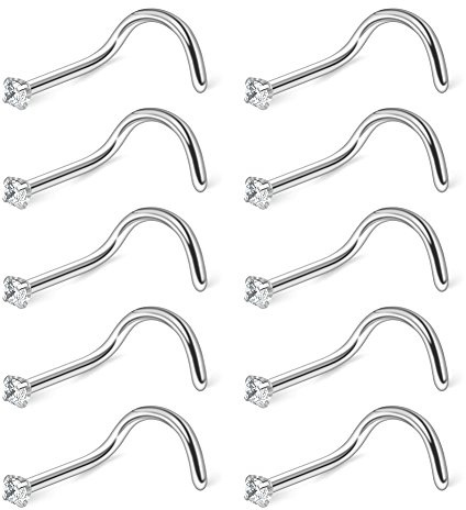Ruifan 10PCS 20G Surgical Steel Clear Diamond CZ Nose Stud Rings Screw Piercing Jewelry 1.5mm