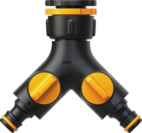 Fiskars Nez de Robinet 2 Sorties Multi filetage, avec valve on/off, Pour 3 Tailles de Filetage Ø 21 mm (1/2), Ø 26,5 mm (3/4) et Ø 33,3 mm (1), 85 g, Noir/Orange, 1027061