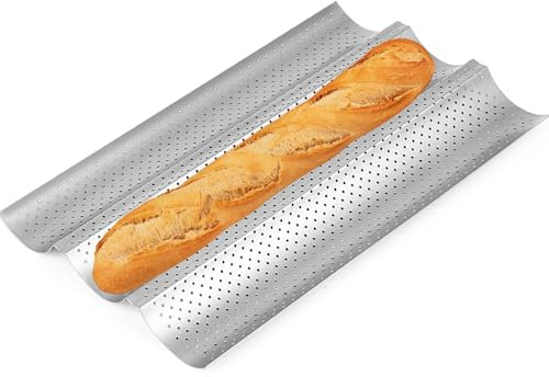 AMAGABELI GARDEN & HOME French Baguette Pans for Baking 15”x9.6” Nonstick Carbon Steel 3 Loaf Perforated Bread Tray Bake Mold Toast Bakeware Silver