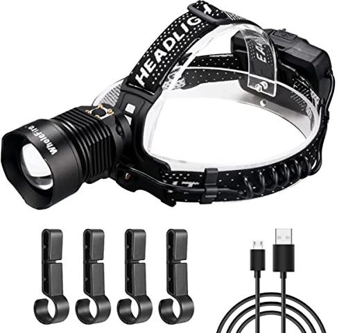 WholeFire Torcia Frontale LED Alta Potenza 15000 Lumens, USB Ricaricabile XHP90 Potente Lampada Frontale, 3 Modalità di Zoom Impermeabile Lampada da Testa per Campeggio, Corsa, ecc.