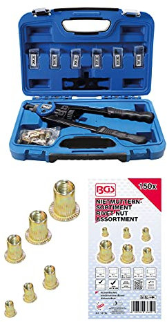 BGS 408 | Nietmutternzangen-Satz | 68-tlg. | M3 - M4 - M5 - M6 - M8 - M10 | inkl. Nietmuttern + Nietmuttern-Sortiment | 150-tlg. | verzinkter Stahl | in praktischer, wiederverwendbarer Universalbox