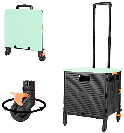FELICON SELORSS Foldable Utility Cart Folding Portable Rolling Crate Handcart with Heavy Duty Telescoping Handle Collapsible 4 Rotate Wheels for Travel Shopping Move Luggage Office Use(Black+Green)