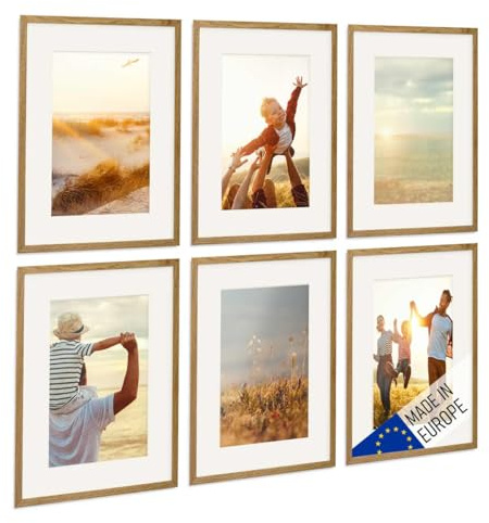 PHOTOLINI Bilderrahmen Holz 30x40 Eiche mit Passepartout, Holzbilderrahmen Made in EU, 6er Set, bruchsicheres Acrylglas, zum Aufhängen, extra Zubehör - für Ihre liebsten Fotos & Bilder