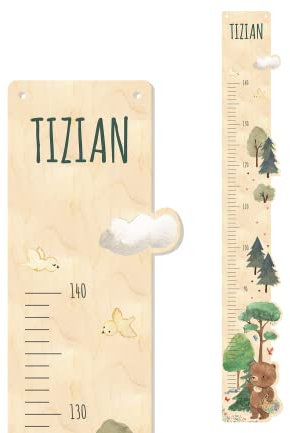 Kinder Messlatte 'Bär' aus Holz mit eigenem Namen personalisiert, Motiv Bär im Wald, ca. 15 x 100 cm