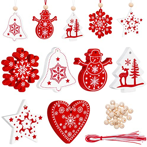 Décorations Noël Sapin Pendentifs en Bois Ornements d'arbre de Noël 10 Style avec Corde Embellissement Créatif pour Merry Christmas DIY Fête (30pcs Rouge et Blanc)