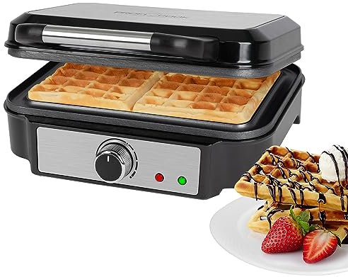 ProfiCook Plancha para gofres belgas con 2 superficies para hornear, 1000 vatios de acero inoxidable con revestimiento antiadherente, grado de bronceado variable, PC-WA 1240