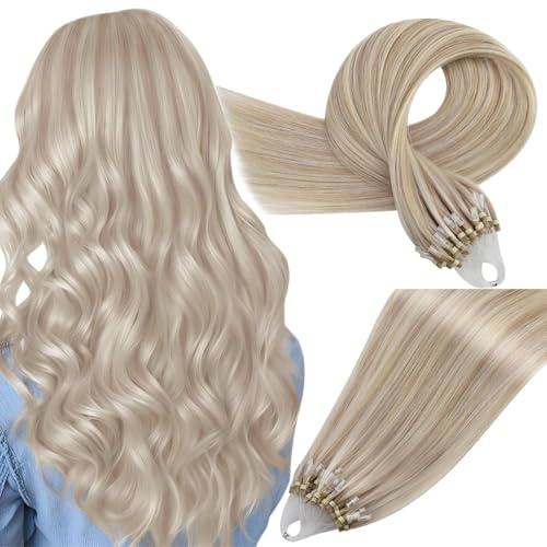 Easyouth Micro Loop Hair Extensions Real Hair Micro Ring Extensions Highlight Blonde Micro Human Hair Extensions Ash Blonde Remy Hair 14 Inch 50g 1g/Strand, 50.0 gram