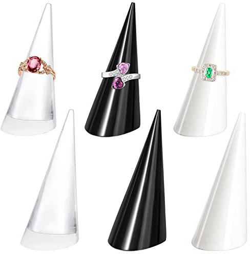 6 Stück Acryl-Ringhalter in kegelförmiger Form, Ring-Display-Ständer, solide Ringaufbewahrung, dekorative Unterstützung, Vitrine, Hochzeitsgeschäft (schwarz + weiß + transparent)