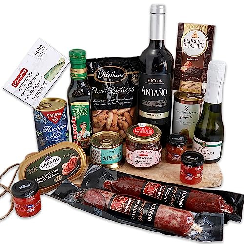 FAMILYCOM Cesta Gourmet para regalar - Surtido con Chocolates originales de regalo - Lote de embutidos, Conservas, Selección de vinos, Champagne, Aceite De Oliva Virgen - Regalo Hombre, Mujer