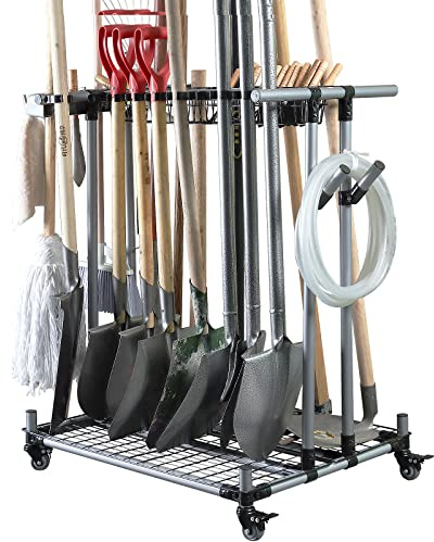 QTJH Heavy duty garden tool organizer garage storage holder storage large long farming tools lawn tool metal rack shovel and rake organizer