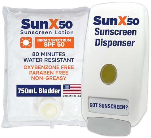 CoreTex Sun X 50+ 750 ml Sonnenschutz-Lotion-Blase und Wandspender, Paraben-, Oxybenzon- und Octinoxatfrei, ölfrei, Breitspektrum (UVA/UVB) Sonnenschutz, wasser- und schweißbeständig bis zu 80