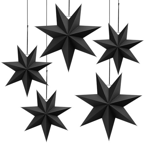 Pextian Papierstern Weihnachten 5 Schwarze Papiersterne zum Aufhängen, Papier Sterne Faltsterne Weihnachten Dekoration für Skandinavisch Advent Fenster Weihnachtsbaum,Weihnachten-Schwarz