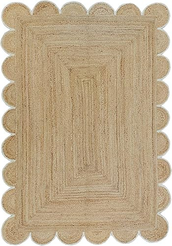 THE PIKKU INTERNATIONAL - Tappeto juta tessuto a mano rettangolare zona beige con bordo bianco smerlato design tappeto (70 x 120 cm)
