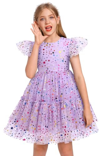 Odizli Vestito estivo da bambina con glitter arcobaleno a stella, linea ad A, abito in tulle, per cerimonie nuziali, abito corto, Lilla, 7-8 Anni