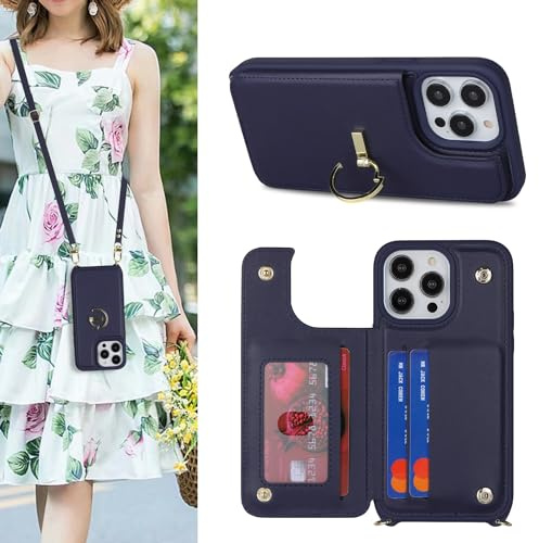 SailorTech iPhone 14 Pro Case with Credit Card Holder, Leather Case Ring Stand with Kickstand Strap Card Slots Wallet Crossbody - Navy Blue