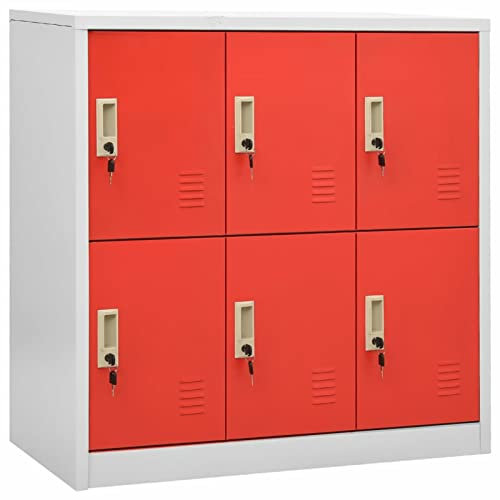 BAZZI Fächerschrank Schließfachschrank, Wertfachschrank, Mit 6 Schließfächern, Metallspind Hellgrau und Rot, 90x45x92,5 cm, Stahl, Lagerschrank, Metallschrank, Spind, Schließfächer