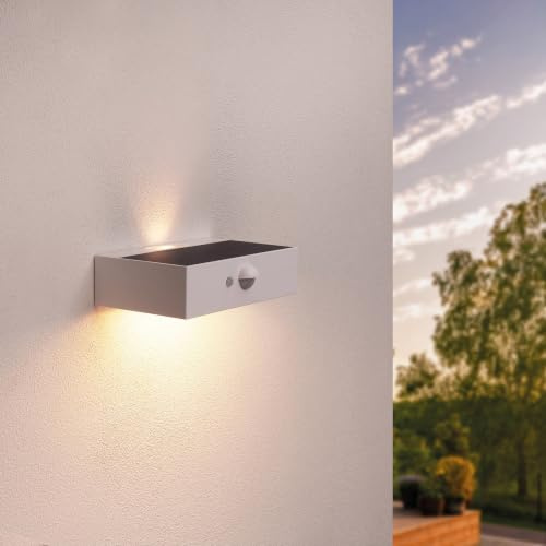 Ledvion Moderne Solar-Wandleuchte mit Bewegungssensor, Weiß, 3W, 3000K, IP65 Wasserdicht & 220 Lumen, Bewegungserkennung & Dämmerungsschalter, Energieeffizient & Wetterfest | Ohne festen Stromanschluss nutzbar und praktisch für Gartenweg Zaun Terrasse oder Beet