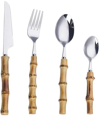 Bestecksets 4Pcs Bambus Griff Steak Messer Gabel Kuchen Dessertlöffel Edelstahl Messer Gabel Löffel Besteck Set Silber