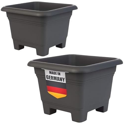 LIVINJA 2er Set Pflanzkübel GroÃŸ Aussen aus Kunststoff, Blumentopf Gross, Eckig 38x38x28 cm, Anthrazit - Blumenkübel Pflanztopf Hochwertiger Ãœbertopf