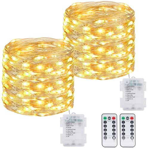 kolpop 2 Pack 39FT Fairy Lights Battery Operated with Timer & Remote, Waterproof 120 LED Twinkle String Lights Outdoor Indoor 8 Modes for Christmas, Bedroom, Dorm, Wedding, Tree, Mason Jar, Party