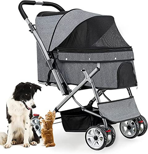 GLETSF Hundebuggys für mittelgroße Hunde und Katzen, zusammenklappbarer Haustierbuggy mit 4 Rädern, Katzenbuggys für 1 Katze, 360° drehbarer Welpenbuggy vorne mit Netzaufbewahrung