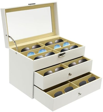 Estabeter Brillenbox mit 18 Fächern Sonnenbrillen Organizer mit Schloss und Schlüssel Brillenkasten Uhrenbox Brillen Aufbewahrungsbox Weiß