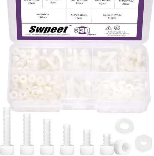 Swpeet Juego de 330 tuercas hexagonales M4 de 6 tamaños de nailon blanco con arandelas, kit surtido de tornillos de cabeza hexagonal de plástico, tornillos de cabeza hexagonal de rosca completa, perno