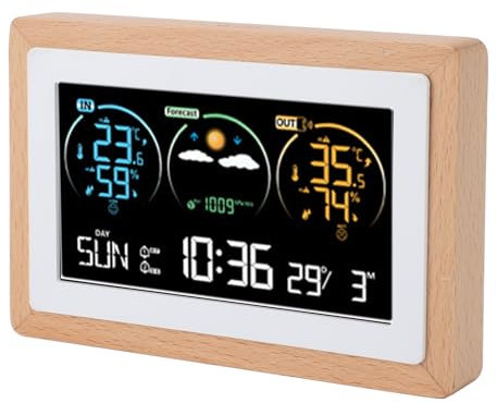 Greensen Horloge Météo sans Fil, Station Météo Radio en Bois Intérieure et Extérieure avec Baromètre de Température Hygromètre Réveil Date Semaine, 2 Alarmes, Horloge Atomique Numérique à