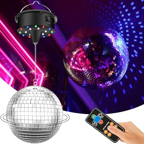 YCCOKJJ Bola de discoteca con motor, motor giratorio mejorado, ajustable 5/8/10/15 rpm con bola de espejo de plata de 15,2 cm y 4 luces de color, 18 perlas LED, cable de alimentación, mando a