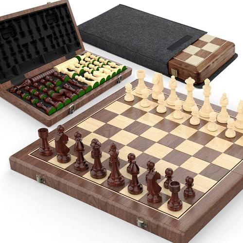 Set di scacchi e dama magnetici in noce, 38 cm, 2 in 1, pieghevole, in legno, con figure Staunton, 2 signore extra, piastrelle e sacchetto per la polvere (nero)